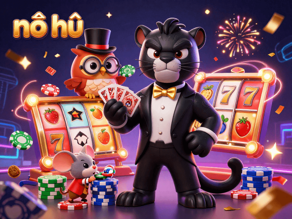 Win big with nổ hũ in this vibrant 3D scene showcasing a panther dealer and exciting game elements.