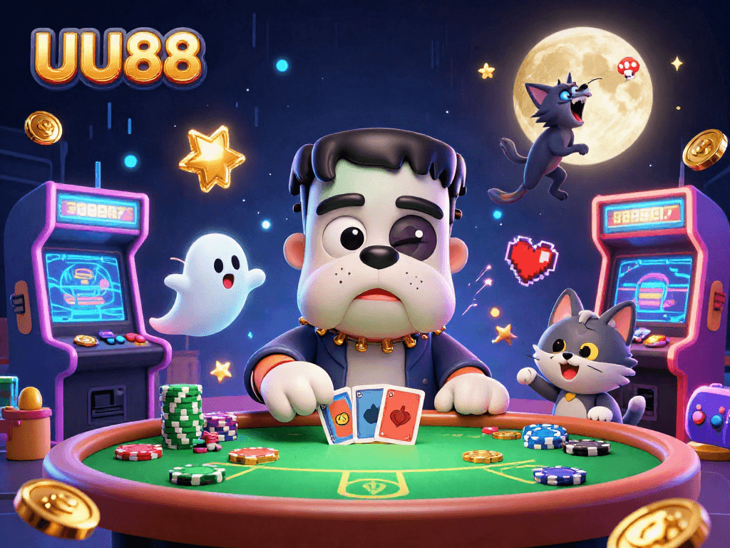 Engage in poker fun at UU88 with a whimsical 3D casino scene featuring unique characters.