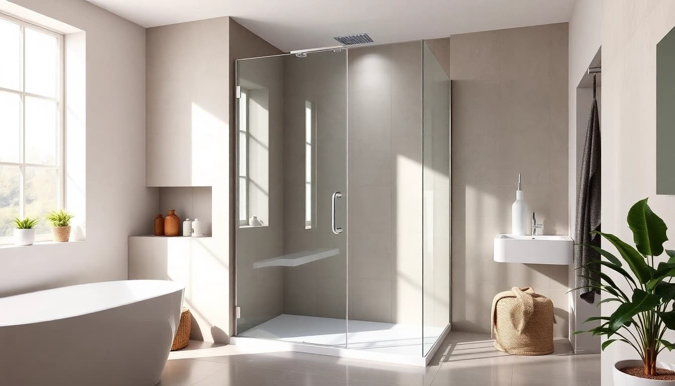 Immerse in a stylish wet room shower screen with sleek glass panels and modern decor.