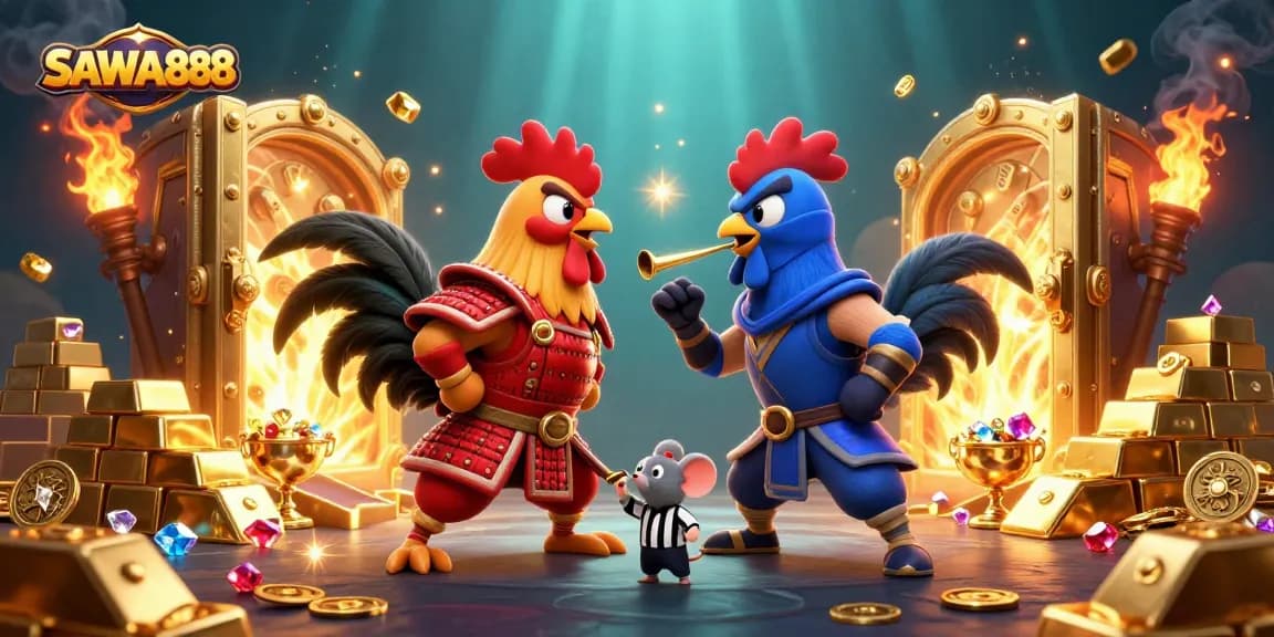 Experience thrilling action with SAWA888's betting champions, showcasing an energetic rooster duel amidst sparkling treasures.