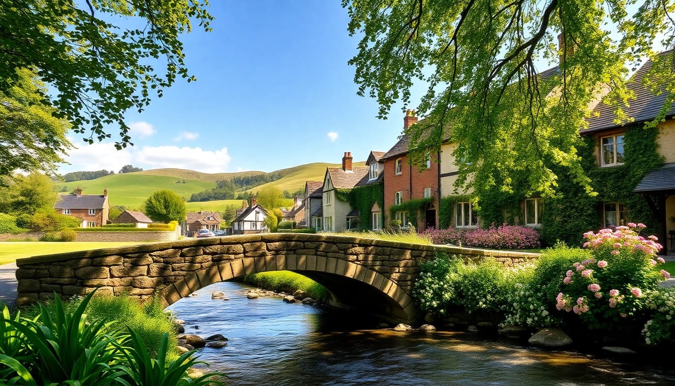 Pyrford's charming stone bridge with blooming flowers, inviting community atmosphere.