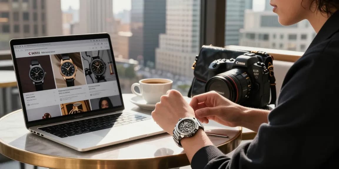 Stylish individual showcasing a clone watch at a café, emphasizing luxury details.