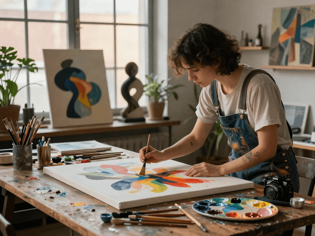 Vibrant art studio scene capturing the creative process of ai nsfw artist painting abstract art