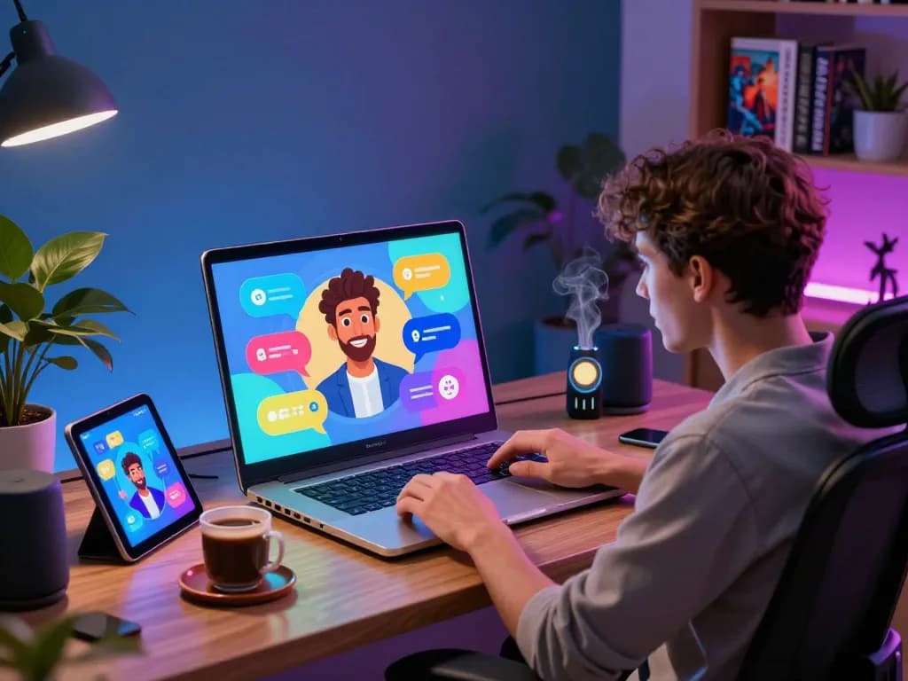 User engaging with a character ai nsfw personalized AI companion on a laptop in a vibrant workspace.