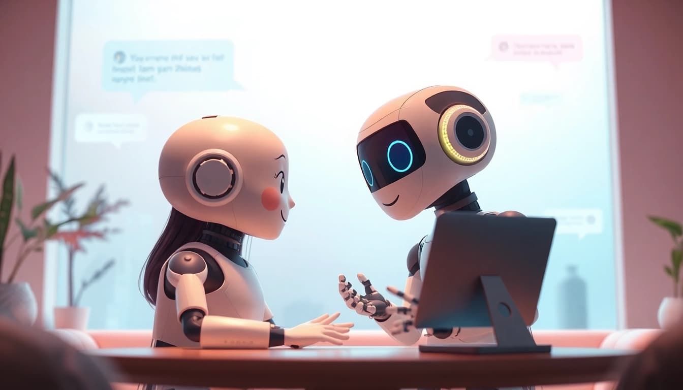 Engaging ai sex chat with a friendly AI character in a warm digital environment.