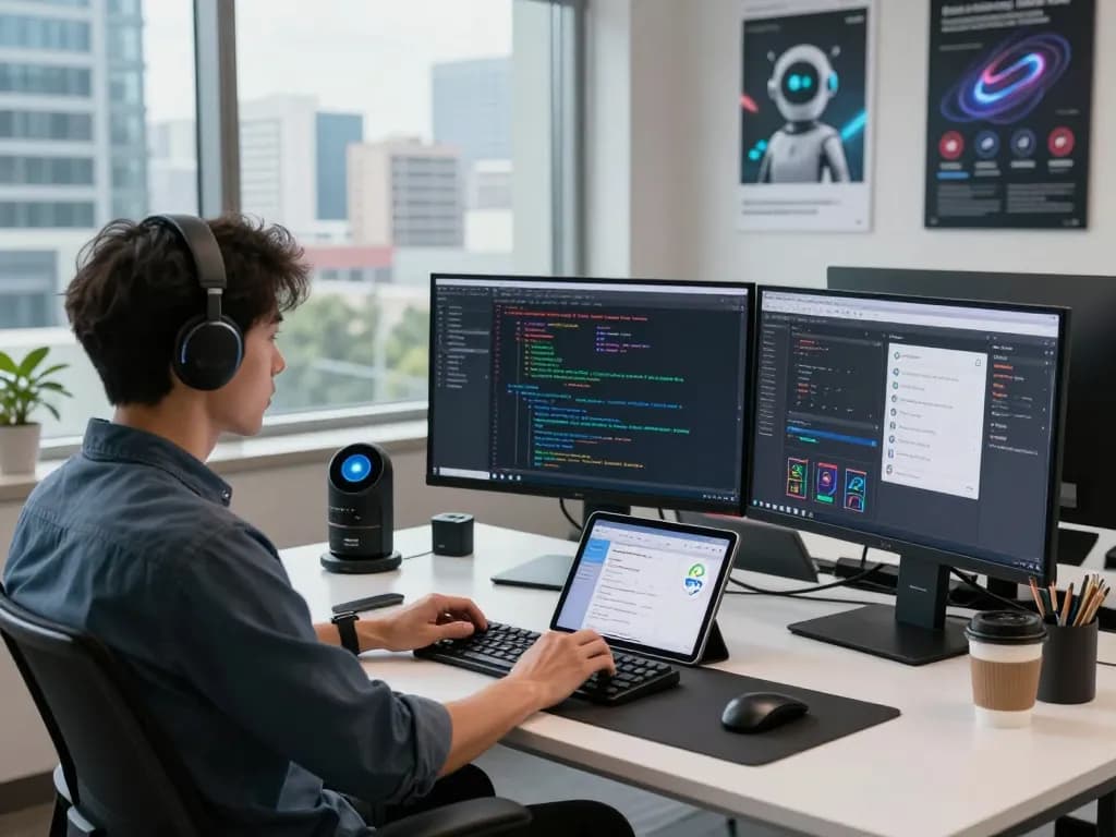 Engaging tech workspace scene showcasing Open Claw AI assistant in action during software development.