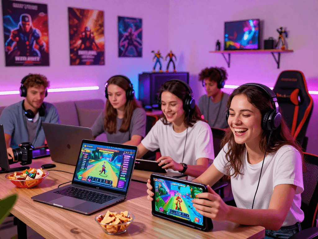 Engaged gamers playing diverse porn games on multiple devices in a vibrant, cozy setup.