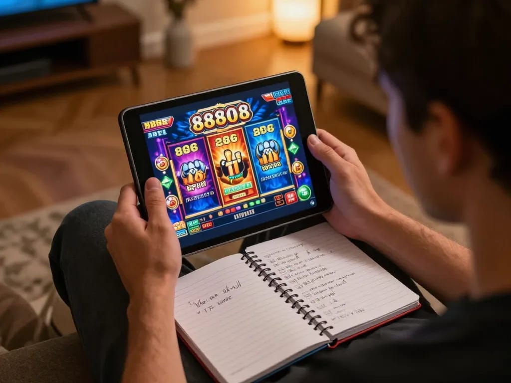 Engaged player exploring exciting 888slot gaming experience on a tablet in a cozy home setting.