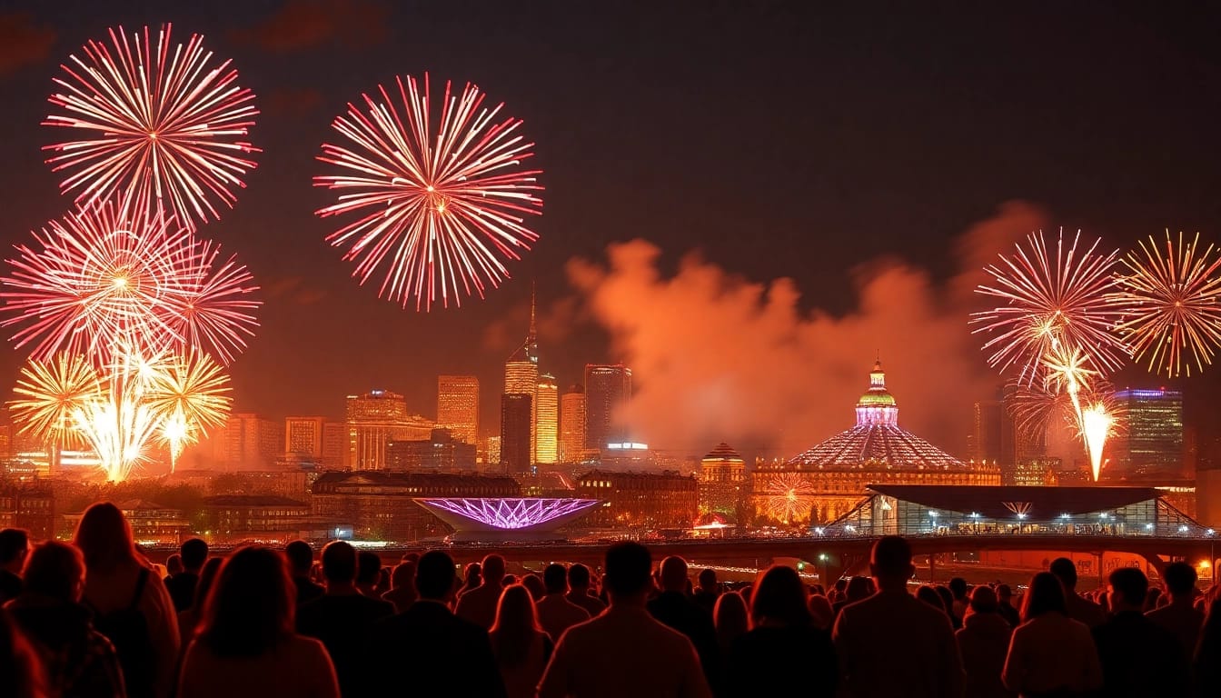 Witness the breathtaking Manchester fireworks illuminating the city during a festive celebration.