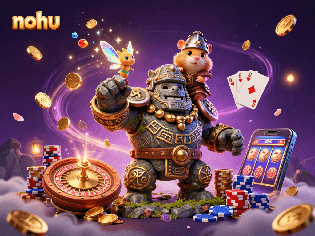 Nohu brings luck with a stone golem guardian, fairy magic, and vibrant casino elements.