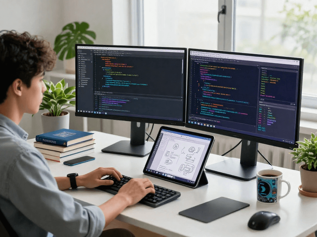 A dynamic workspace showcasing a software engineer working on juicy AI development projects.