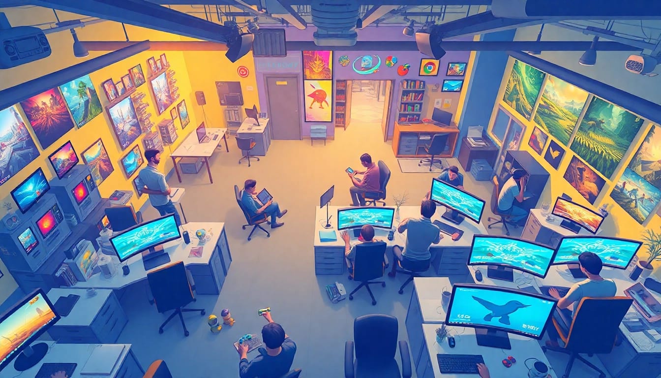 Explore the creative space of a uk game studio with developers collaborating on projects.