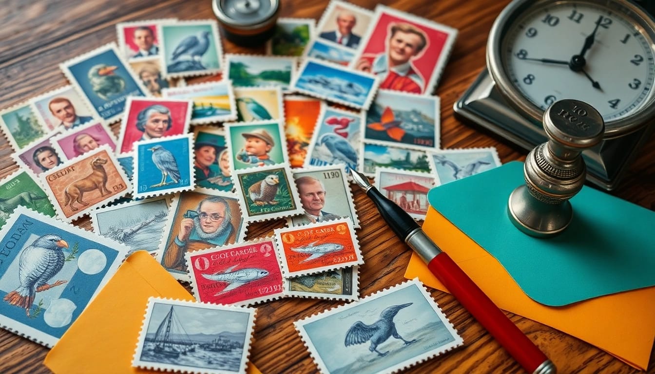 Discover unique discounted postage stamps grouped with colorful envelopes and writing tools for mailing.
