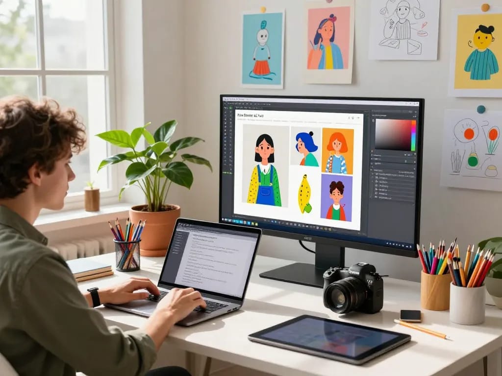 Designers collaborating using nano banana pro AI editor in a creative workspace.