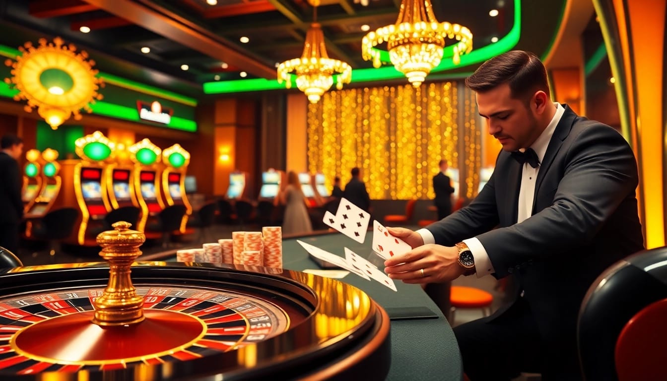 Gamblers enjoying high-stakes action at https://f168.us/ with sparkling chips and lively casino atmosphere.