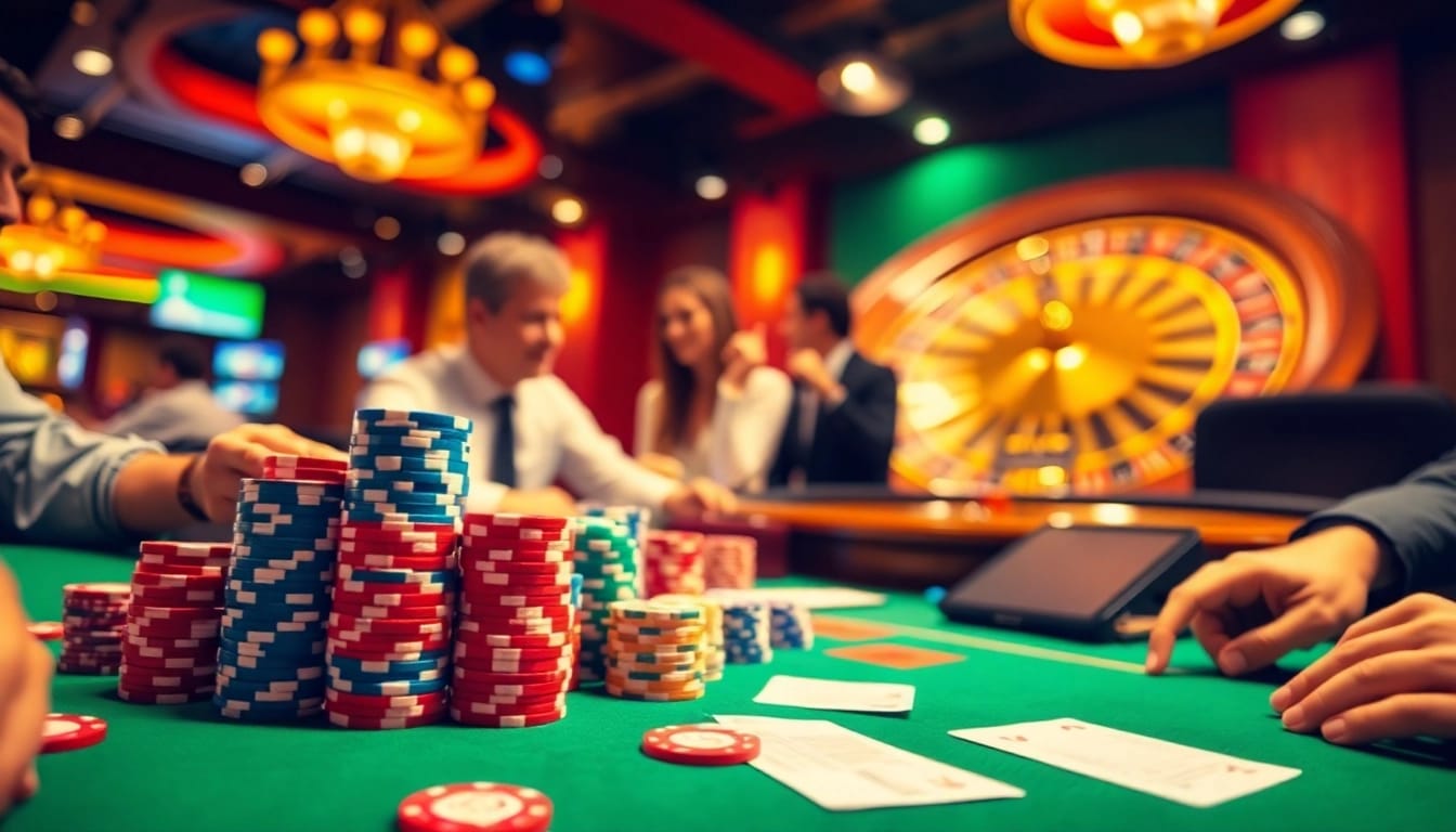 Engaging poker table scene highlighting Nhà cái uy tín with vibrant colors and intense gameplay.