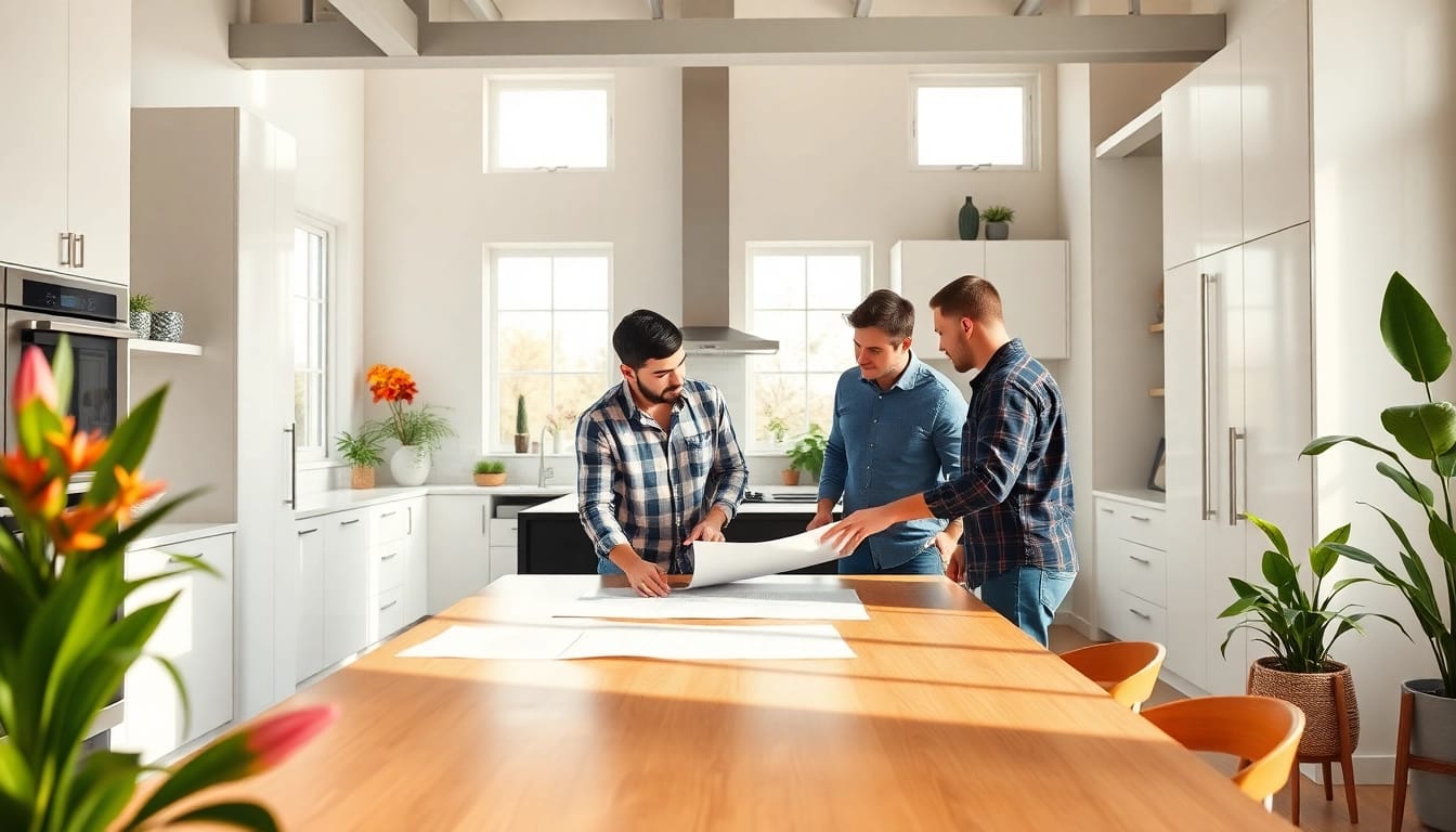 Find renovators near me collaborating in a vibrant kitchen remodel project.