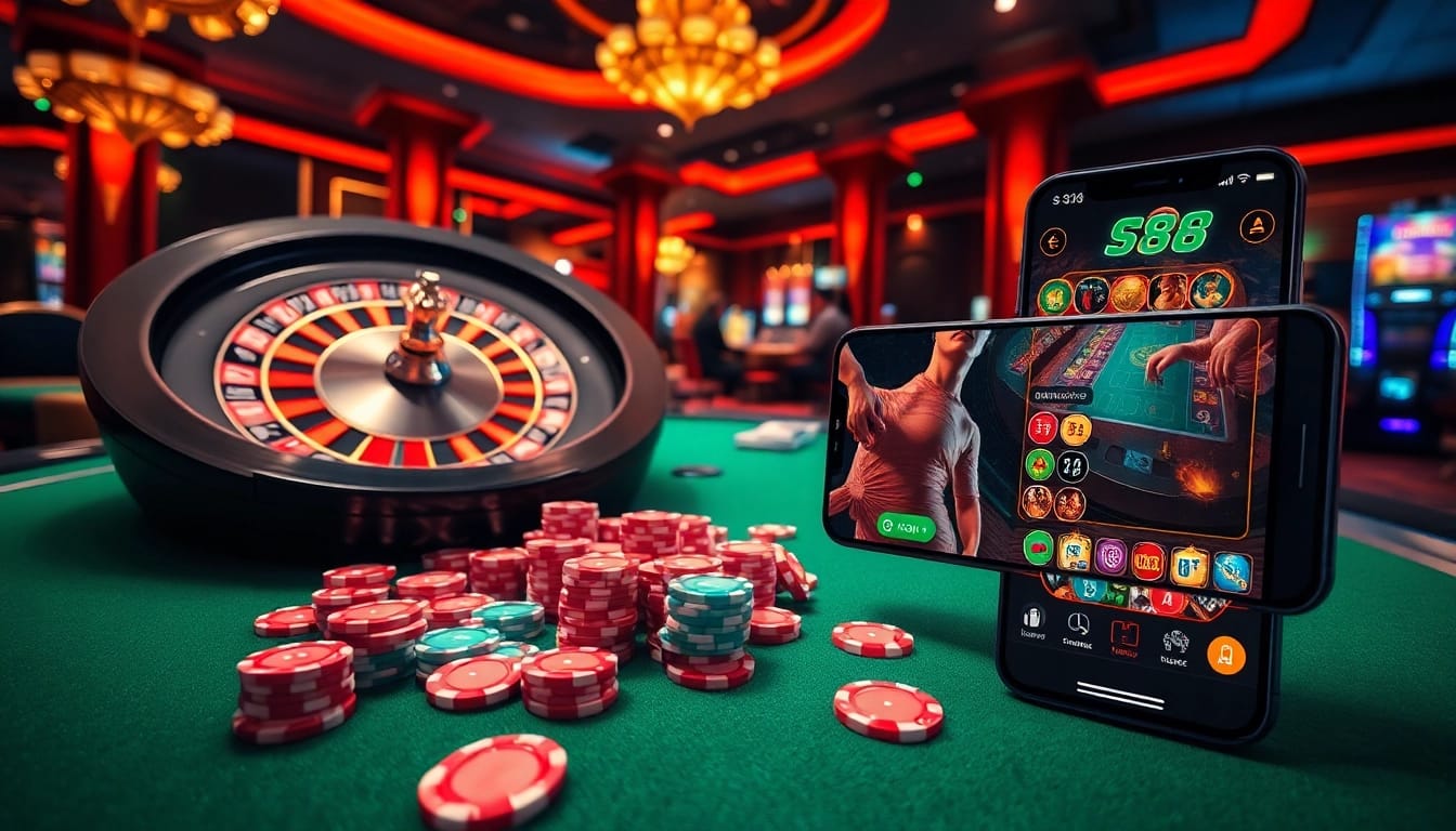 S88 app showcased on a smartphone amidst a lively casino scene with poker chips and roulette wheel.