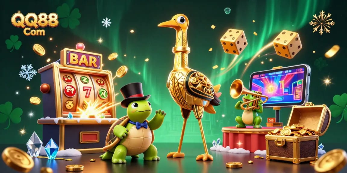 Engage with QQ88 Com through a vibrant casino scene featuring cartoon characters, slots, and rich gaming elements.