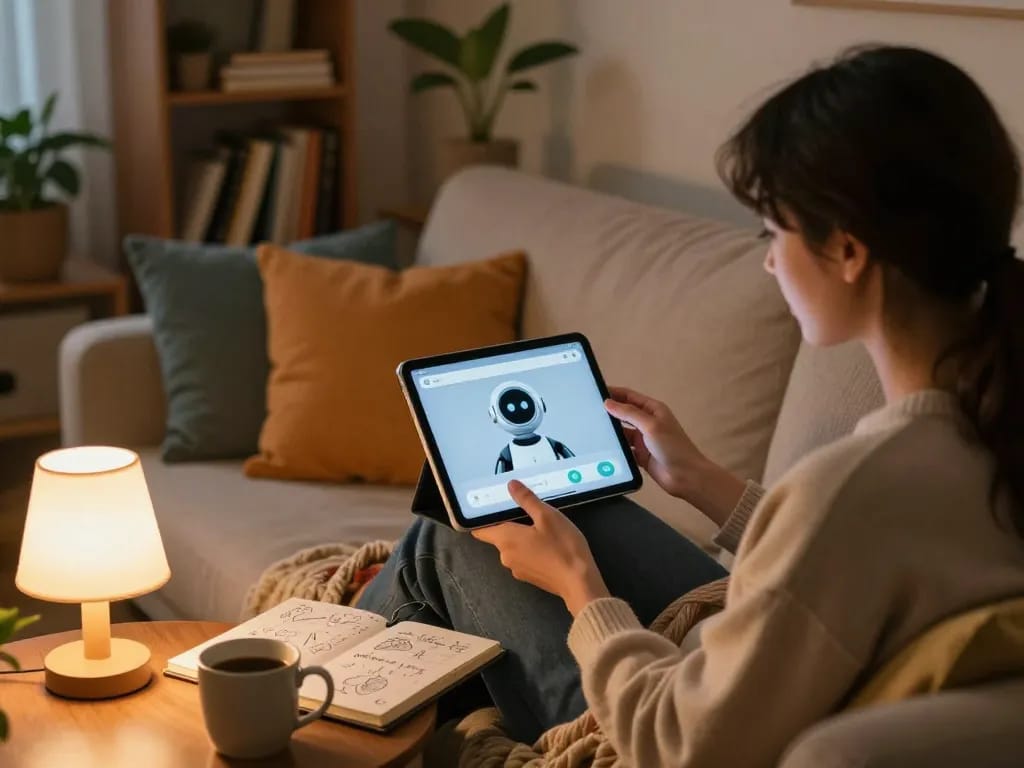 Engaging sex chat AI interaction in a cozy room with warm lighting