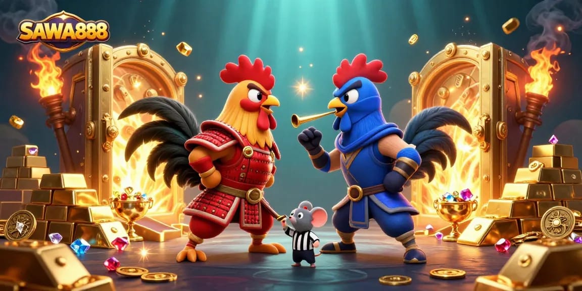 Experience thrilling action with SAWA888's betting champions, showcasing an energetic rooster duel amidst sparkling treasures.