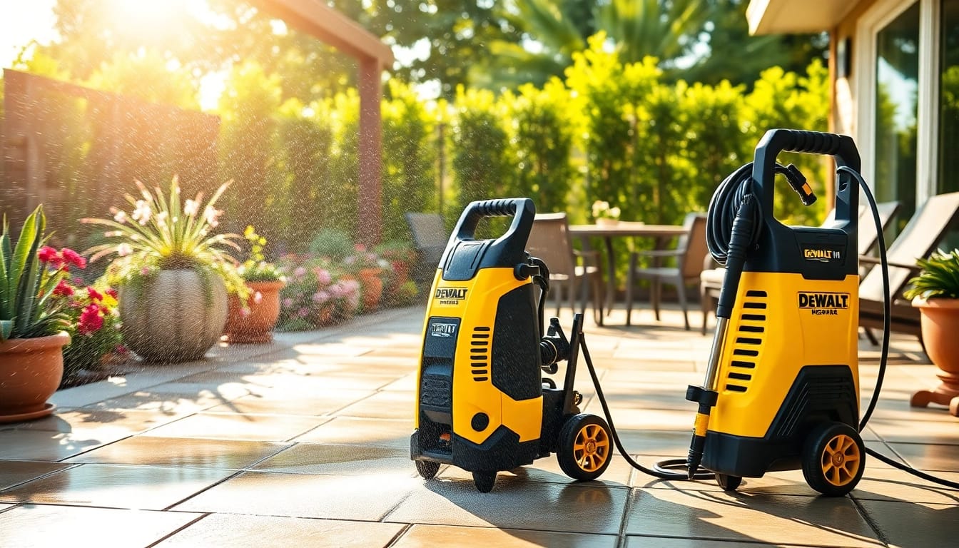 The dewalt pressure washer powerfully cleans a patio, showcasing its efficiency and performance.
