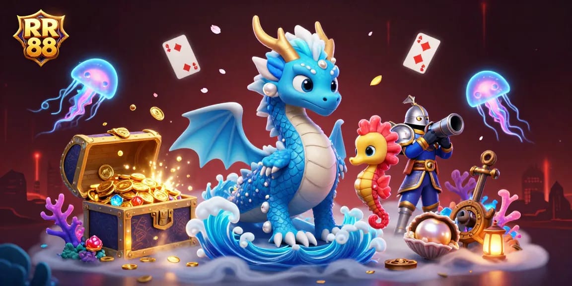 Engage in thrilling experiences with RR 88's vibrant gaming scene featuring a dragon, knight, and treasures.