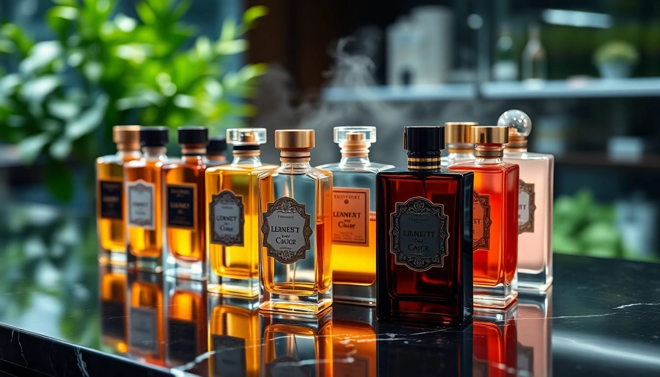 perfume dupes website showcasing an array of luxurious fragrances in elegant glass bottles