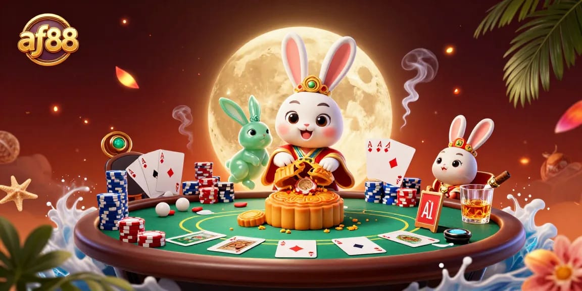 Engage with af88’s exciting casino world featuring a moon rabbit surrounded by poker chips and vibrant game elements.