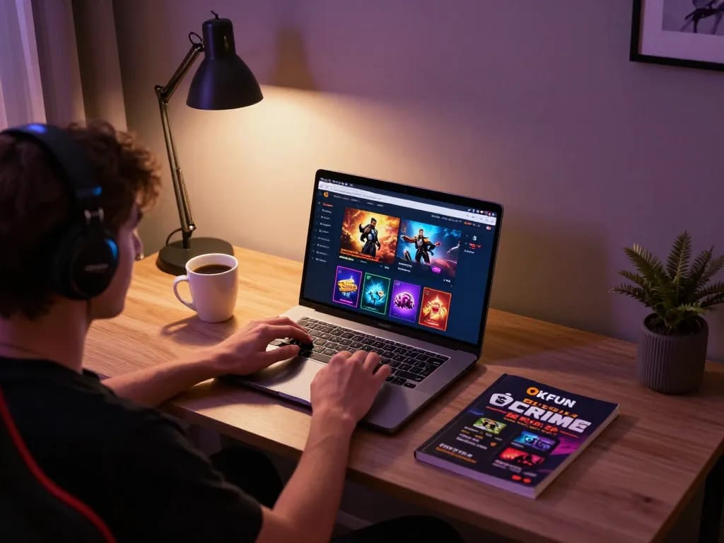 Engage with Okfun online gaming experience on a modern laptop in a cozy setup