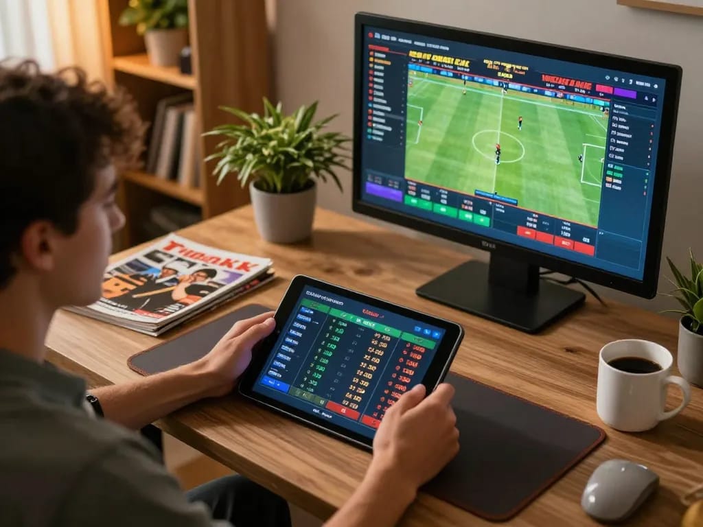 Fabet features an exciting home sports betting setup with a user engaging on a tablet amidst warm decor.