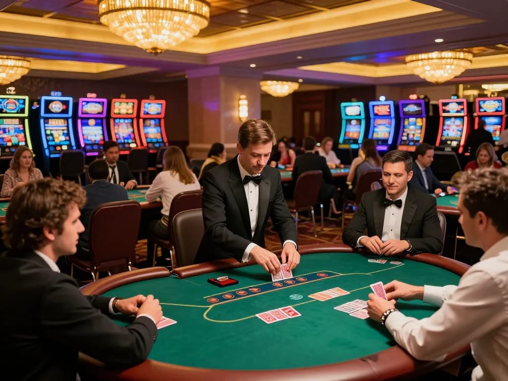 Experience wstar77 thrills with players engaged at poker tables under vibrant casino lights.