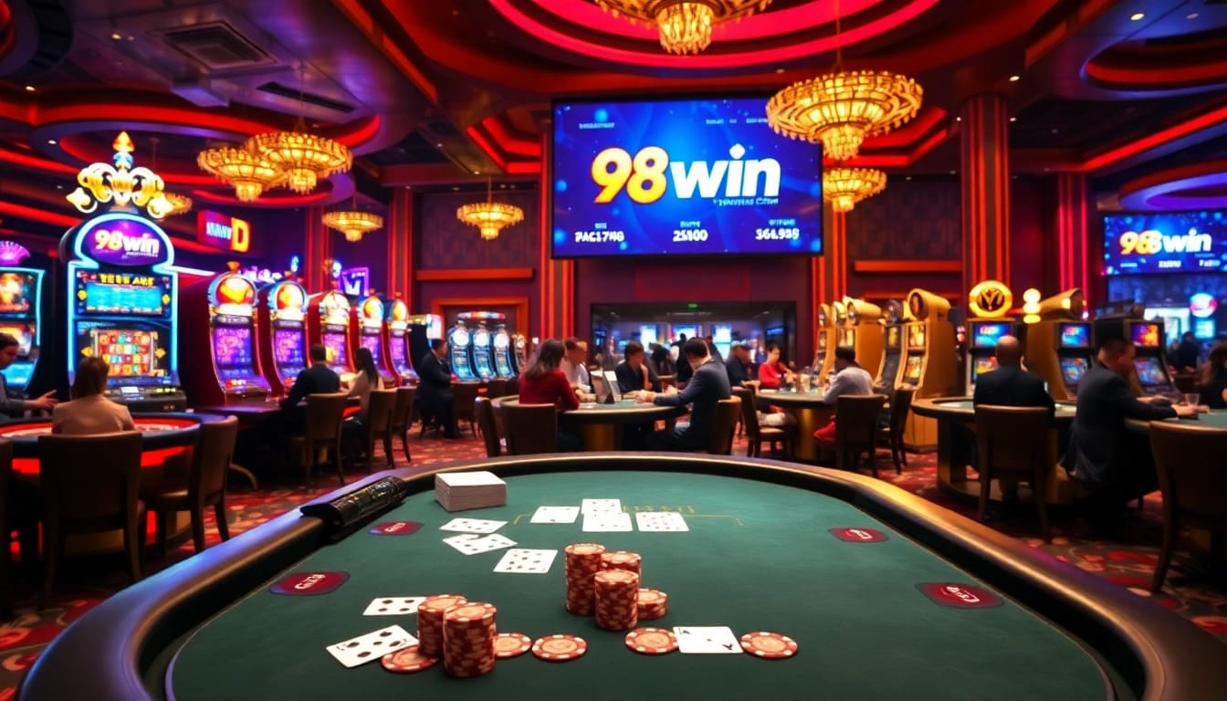 Experience the excitement of 98win trang chu with players engaging in high-stakes poker and roulette.