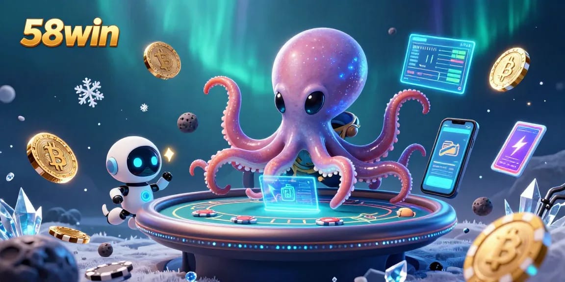 Engage with 58win's vibrant alien octopus showcasing holographic poker features in a cosmic casino.