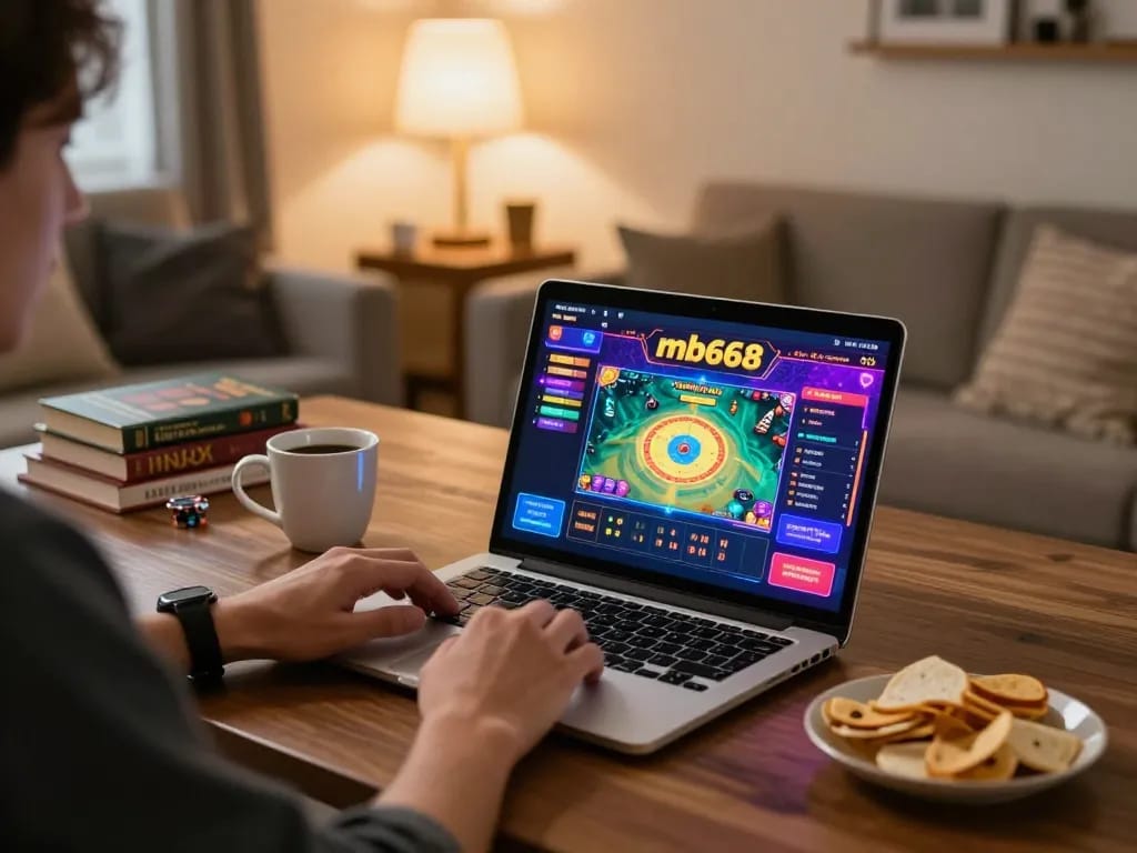 Player engaged in mb668 online gaming, showcasing vibrant game graphics and a cozy setup.