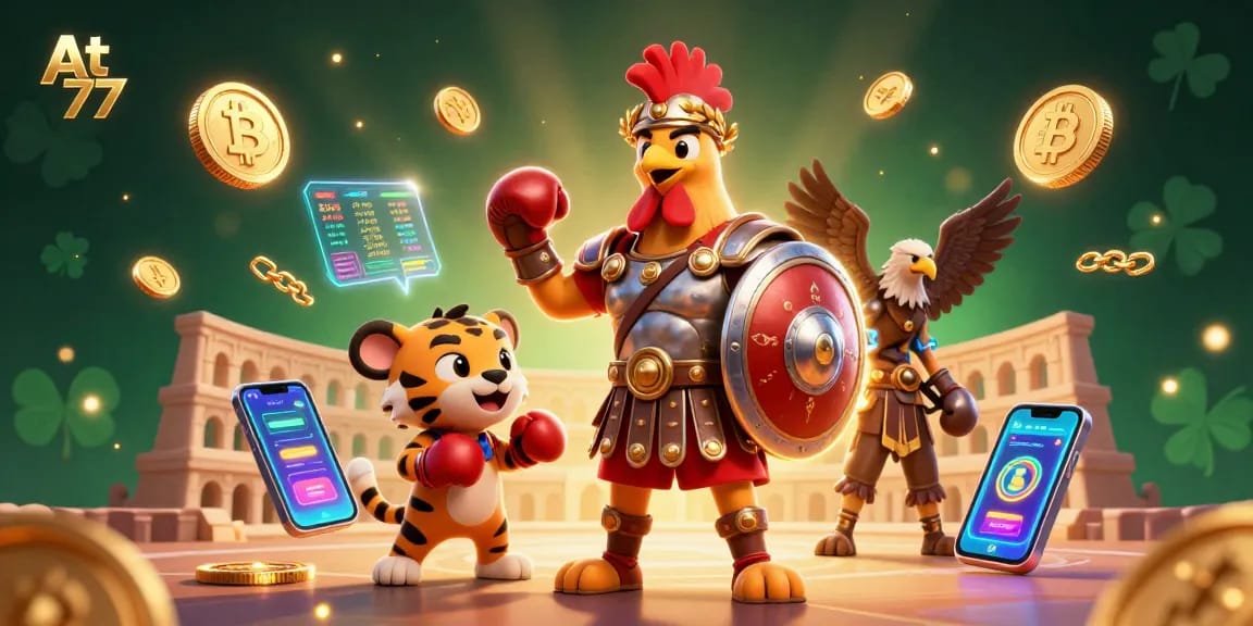 Engage in thrilling plays at At 77 with a 3D gladiator rooster and crypto-themed design.