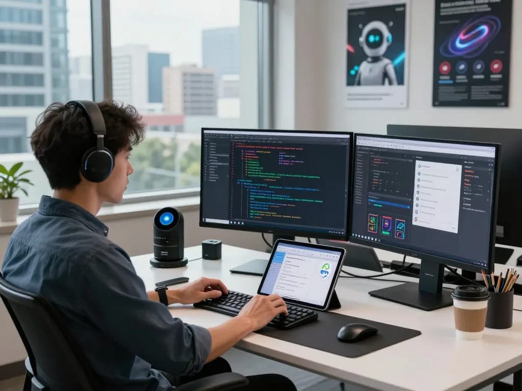 Engaging tech workspace scene showcasing Open Claw AI assistant in action during software development.