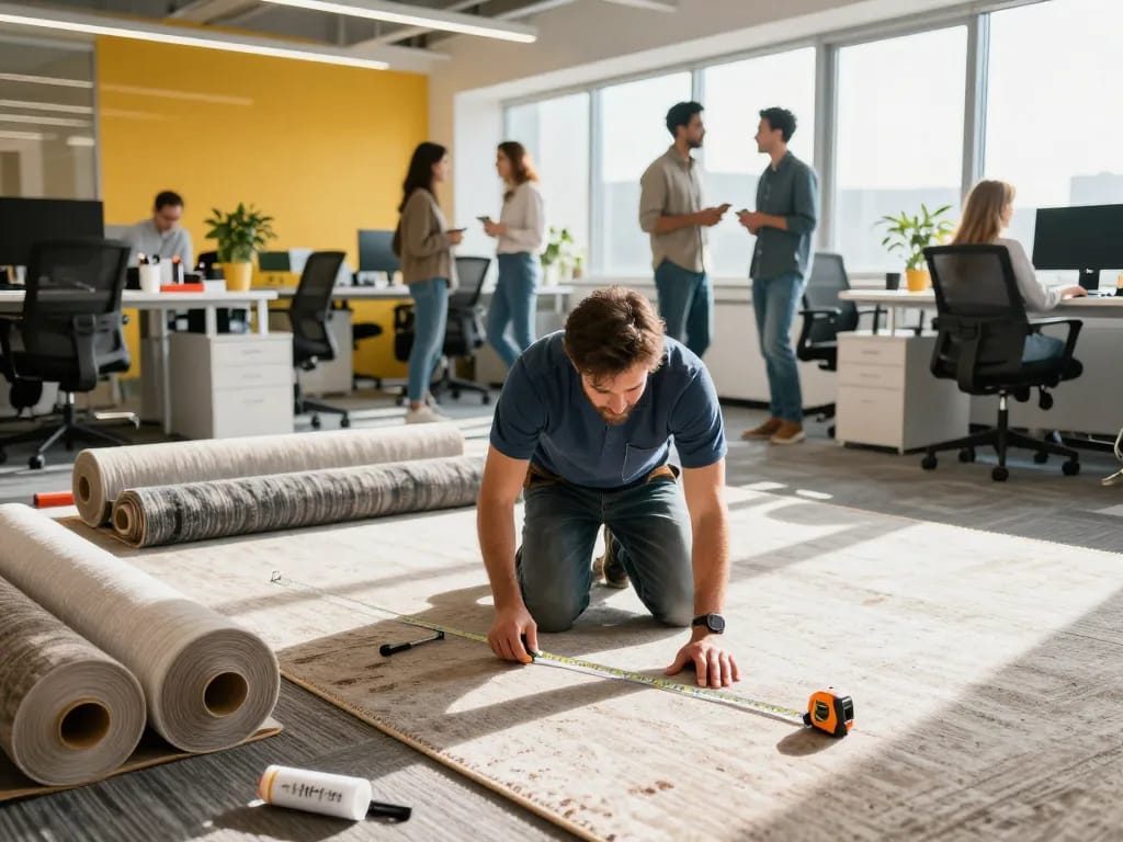 Commercial carpet installation in a modern office with installers measuring and cutting carpet.