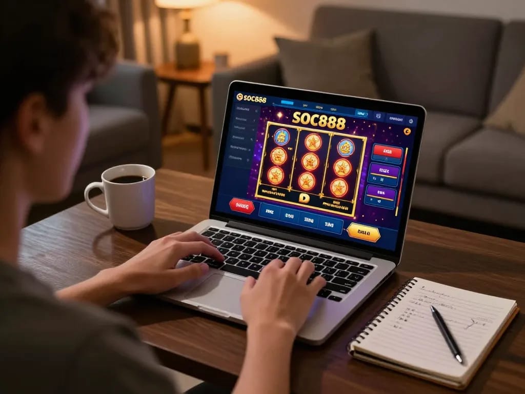 Engaged player using soc888 app on laptop for an immersive online casino experience.