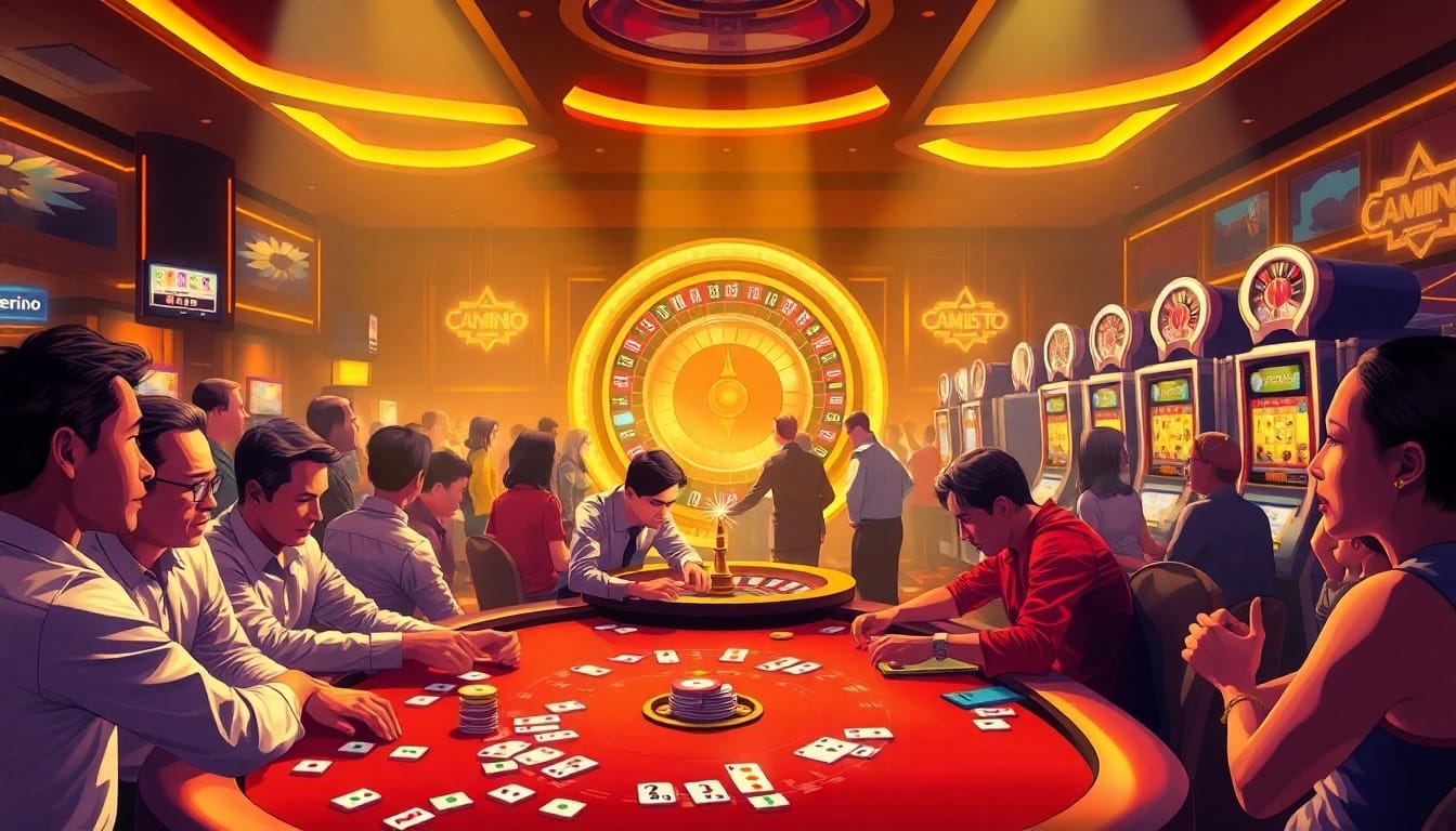 Experience the thrill of online gaming with bancaonline88 amidst busy casino action, featuring poker and roulette.