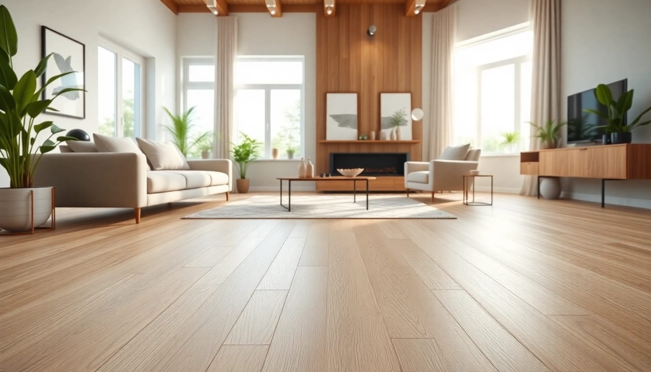 Shop for vinyl flooring near me, featuring beautiful blonde oak in a stylish living room.