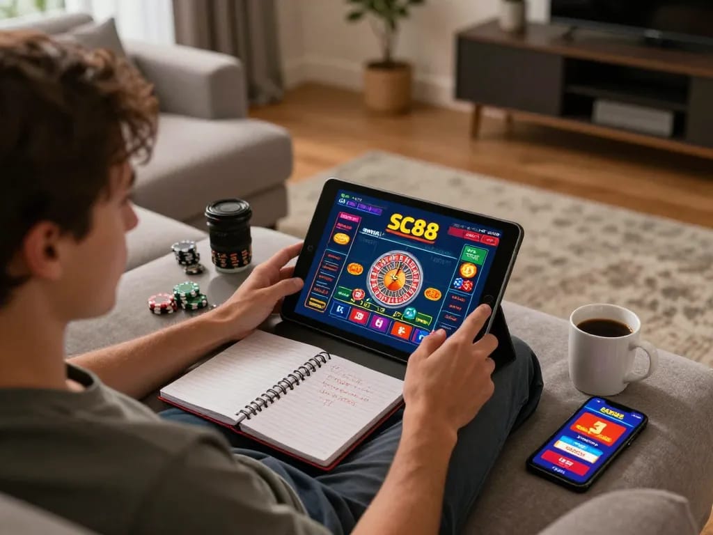 Player engaging with SC88 app on tablet in a cozy home environment, showcasing strategic gambling.