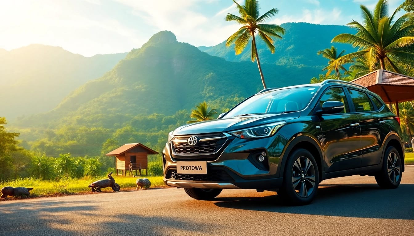 Kuching rent car highlighted in a scenic landscape with Bako National Park in the background, showcasing exploration.