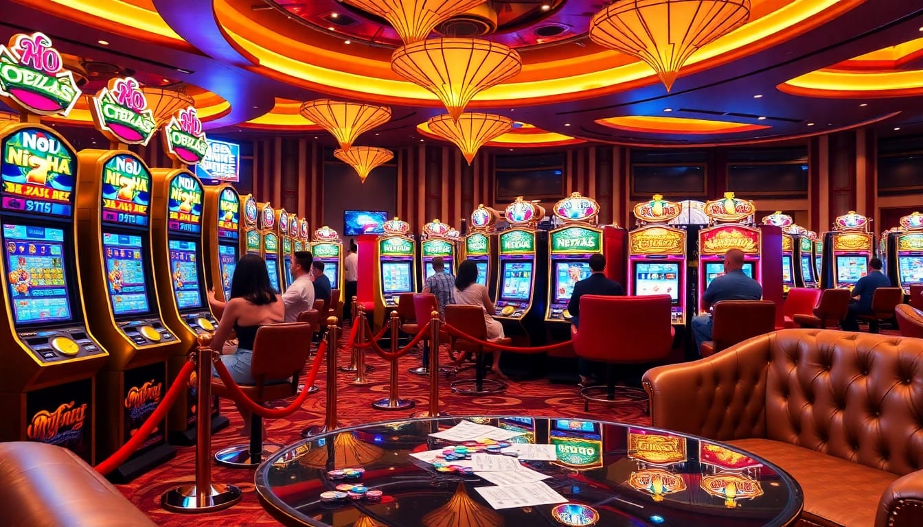 Players winning at nổ hũ slot machines in a luxurious casino environment with vibrant colors.