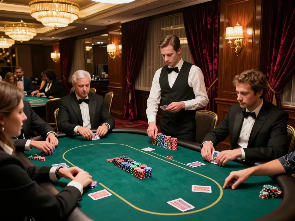 Engaged players in a luxury casino area, highlighting rokok88 daftar for strategic gaming.