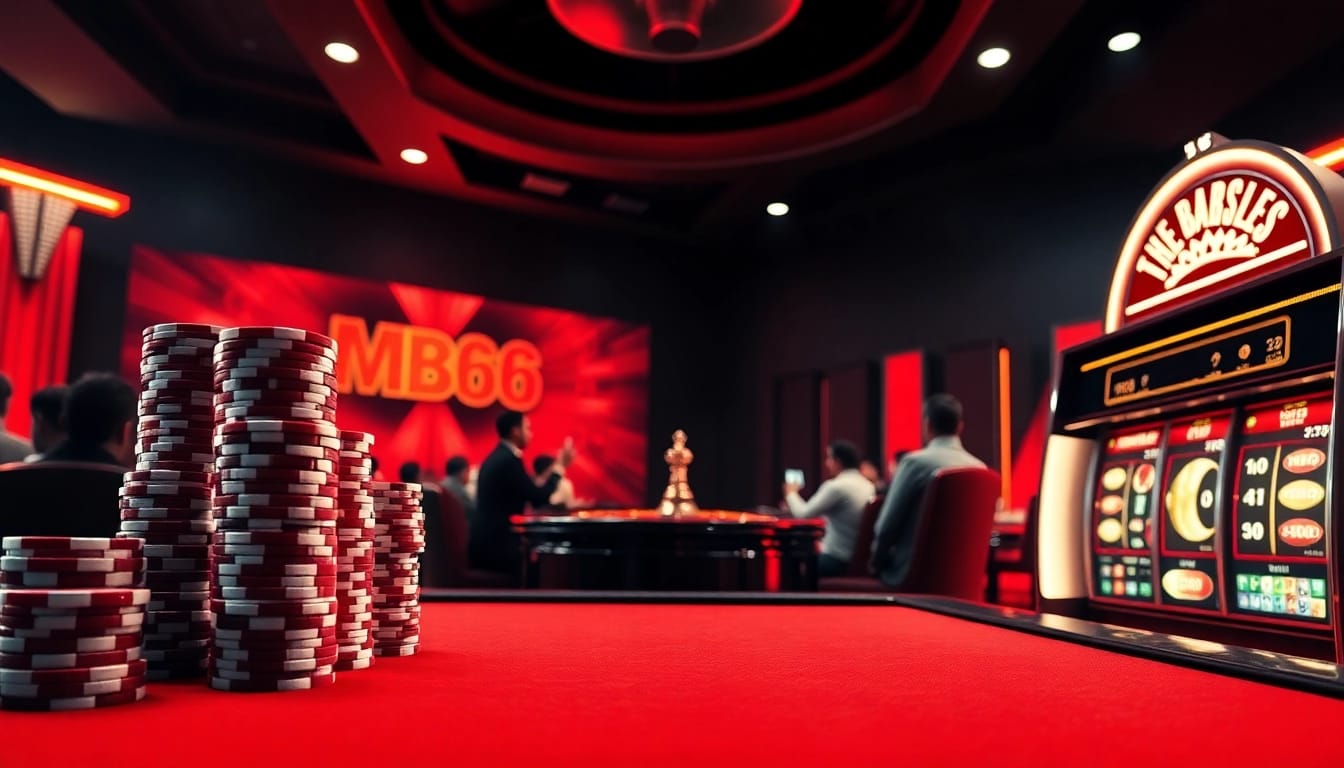 Experience thrilling gameplay at https://mb66-t.com/ with vibrant poker chips and a stunning roulette wheel.