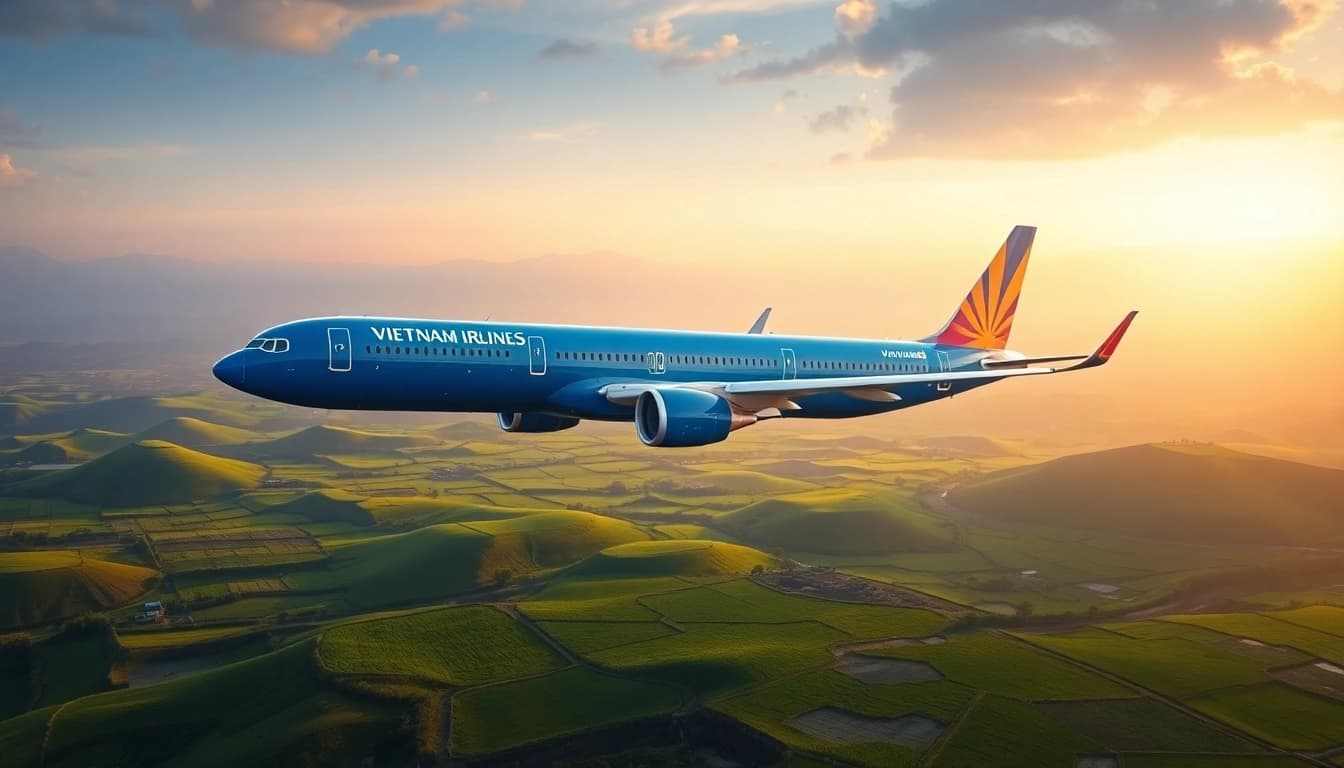 VN168 aircraft taking off against Vietnam's lush landscape, showcasing travel excitement.