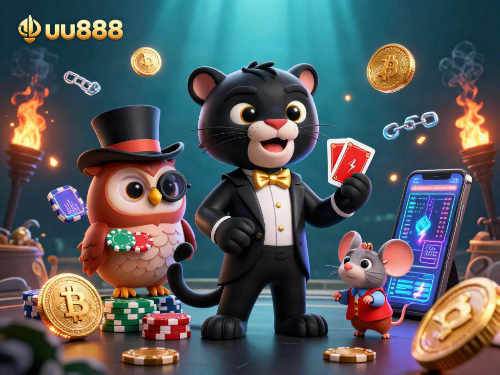 Engage with uu888 at the casino, featuring a black panther dealing cards, an owl with chips, and vibrant crypto coins.