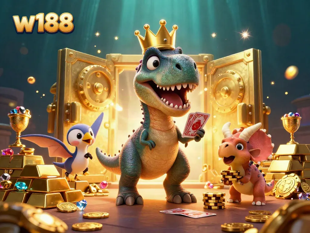 Experience w188's fun gameplay with a T-Rex shuffling cards and a triceratops stacking chips.