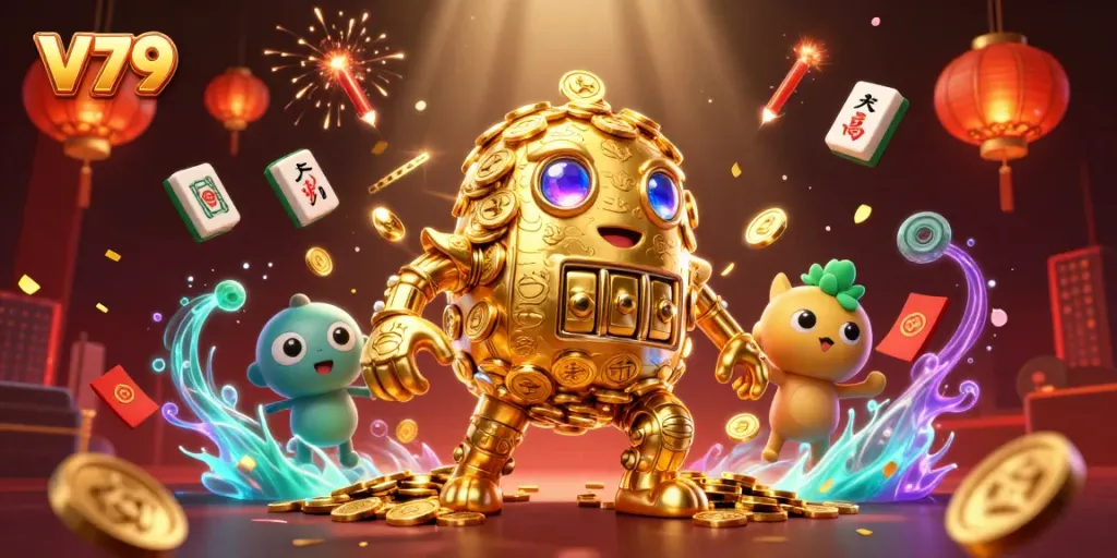Spin the reels with V79's dynamic 3D golden golem and vibrant casino elements.